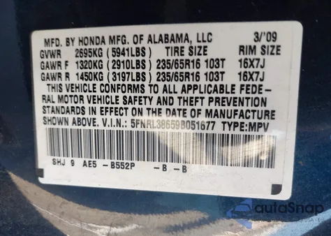 2009 Honda Odyssey Ex-L from USA, damaged, VIN 5FNRL38659B051677